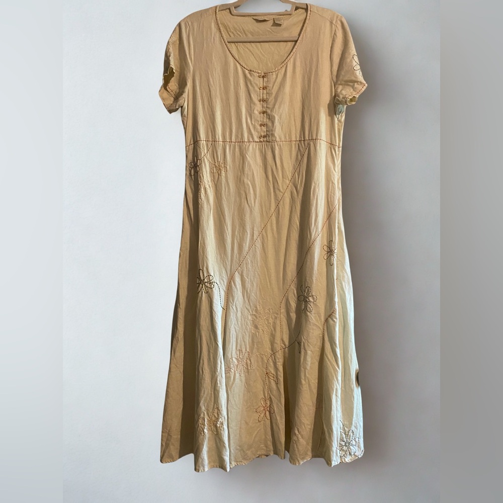 Vintage J. Jill Embroidered Linen Floral Maxi Dress Cream Size Medium Lagenlook